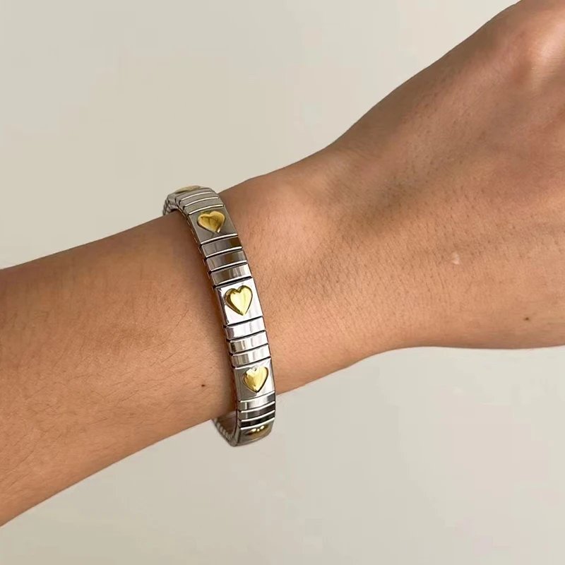 Loe| Titanium Steel Elastic Bracelet for Women.Heart Shape.1Pcs.Gold Plated Punk Jewelry.Hip Hop. New Design
