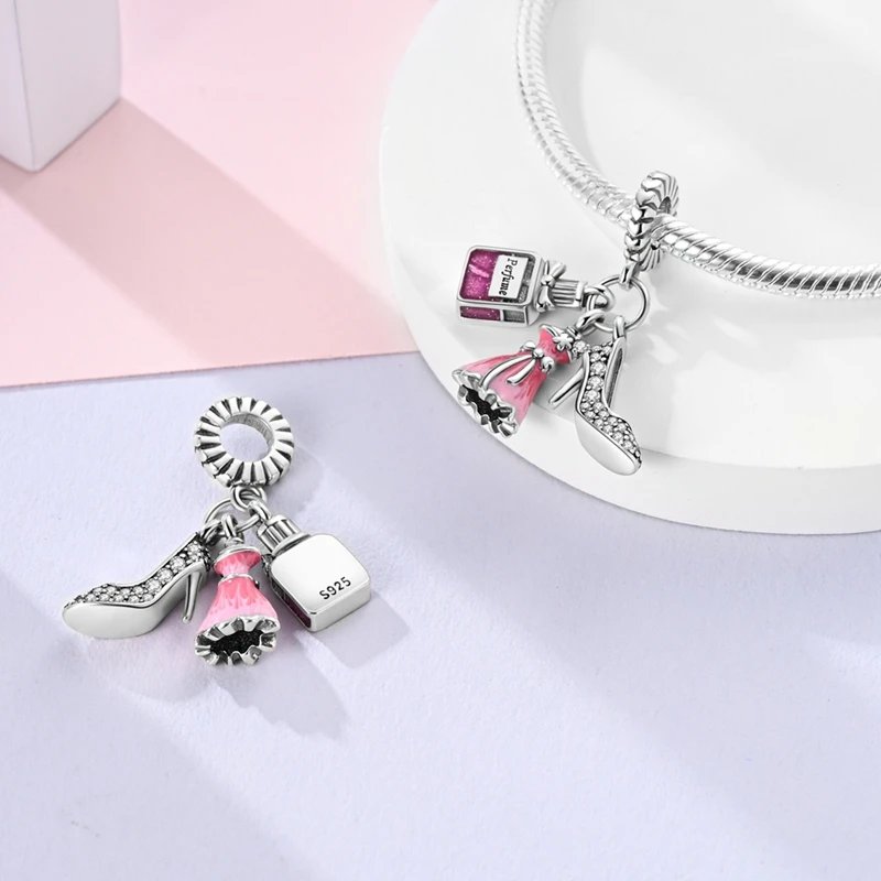Fit Original 925 Sterling Silver Charms Beads Bow Perfume Bottle Pink Charms for Women Fine DIY Birthday Jewelry Gifts