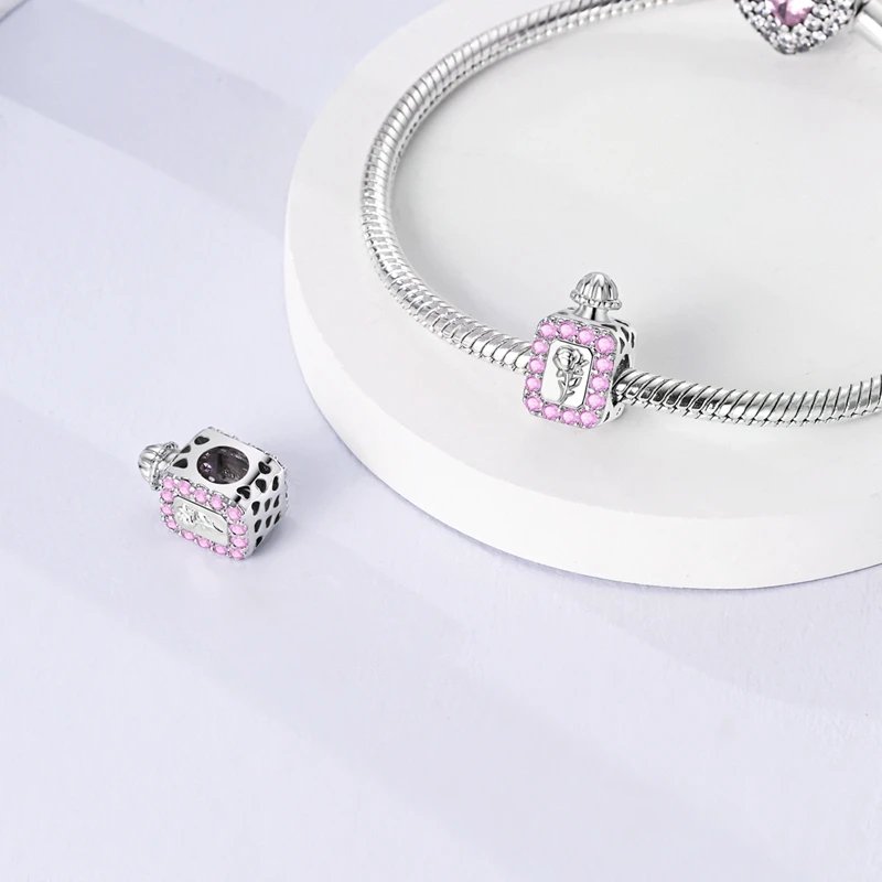 Fit Original 925 Sterling Silver Charms Beads Bow Perfume Bottle Pink Charms for Women Fine DIY Birthday Jewelry Gifts