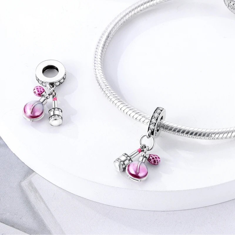 Fit Original 925 Sterling Silver Charms Beads Bow Perfume Bottle Pink Charms for Women Fine DIY Birthday Jewelry Gifts