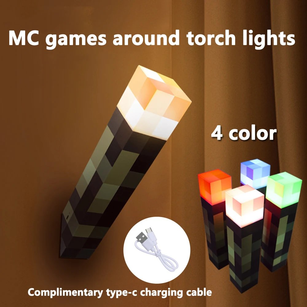 MC Game Torch Light Brownstone LED Night Light USB Rechargeable Bedroom Decoration Table Lamp Gift Lamp for Kids Bedside Lamp
