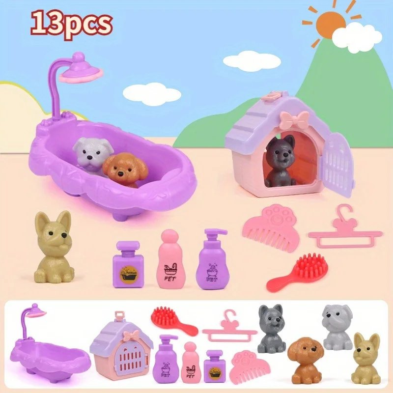 Cute Dog Pet Basket Family Toys Dog Doll Set Cage Toys Scene Playing Toys Christmas Decoration Thanksgiving Gifts color randomly