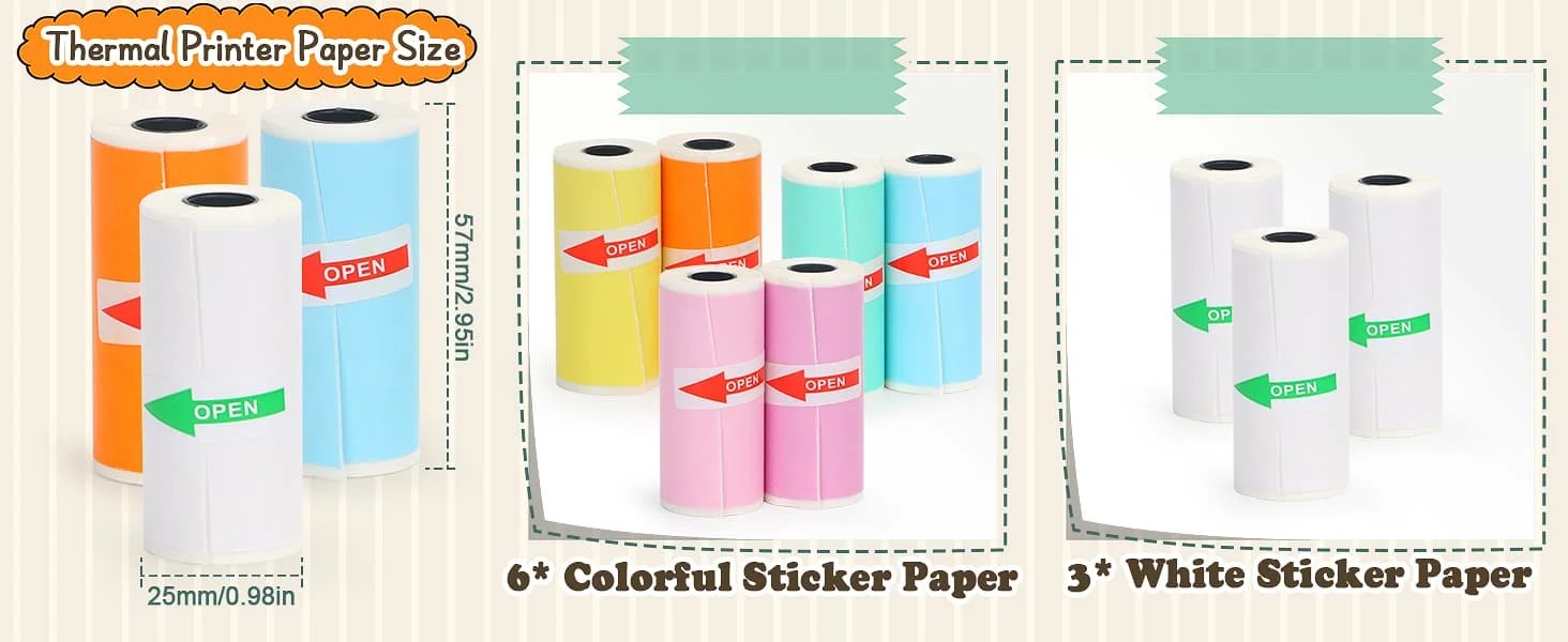 Mini Printer Sticker Paper, Thermal Paper Rolls For T02/M02 and Mini Printer, Smooth Color Self-Adhesive Paper 25X57mm Paperang