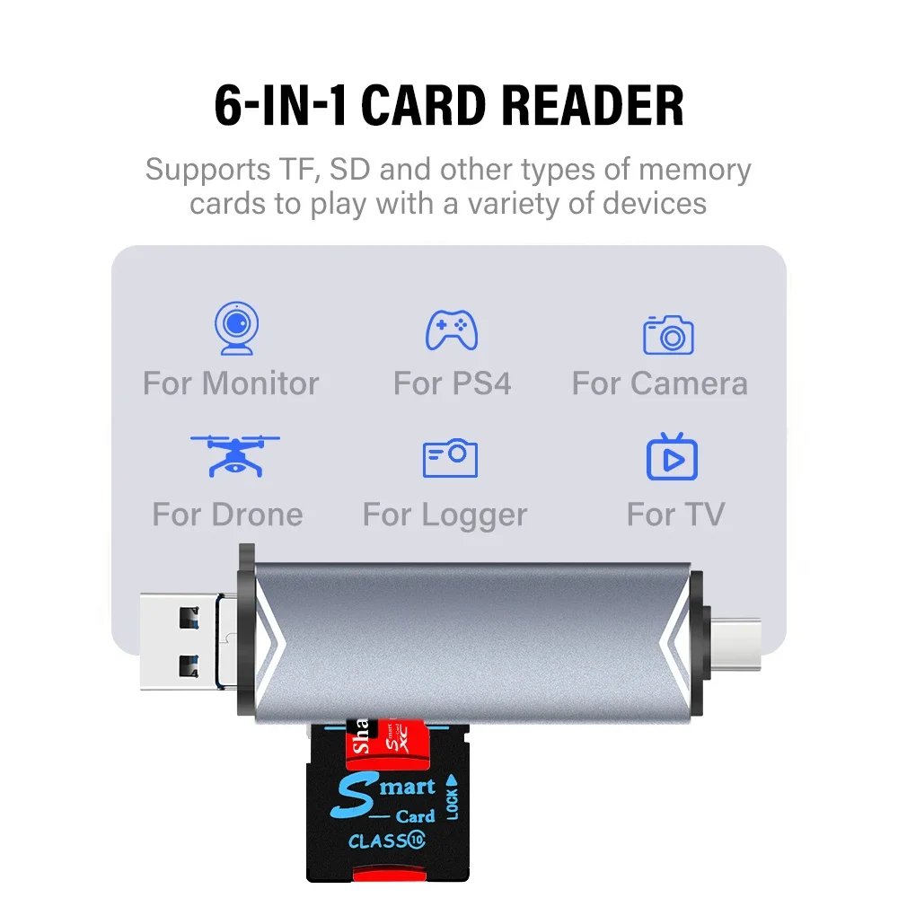 JASTER 6 In 1 Multifunction USB 3.0 Card Reader U Disk TYPE-C/Usb/Tf/Sd Flash Drive Memory Card for Adapter Phone Laptop Compute JASTER 6 In 1 Multifunction USB 3.0 Card Reader U Disk TYPE-C/Usb/Tf/Sd Flash Drive Memory Card for Adapter Phone Laptop Compute