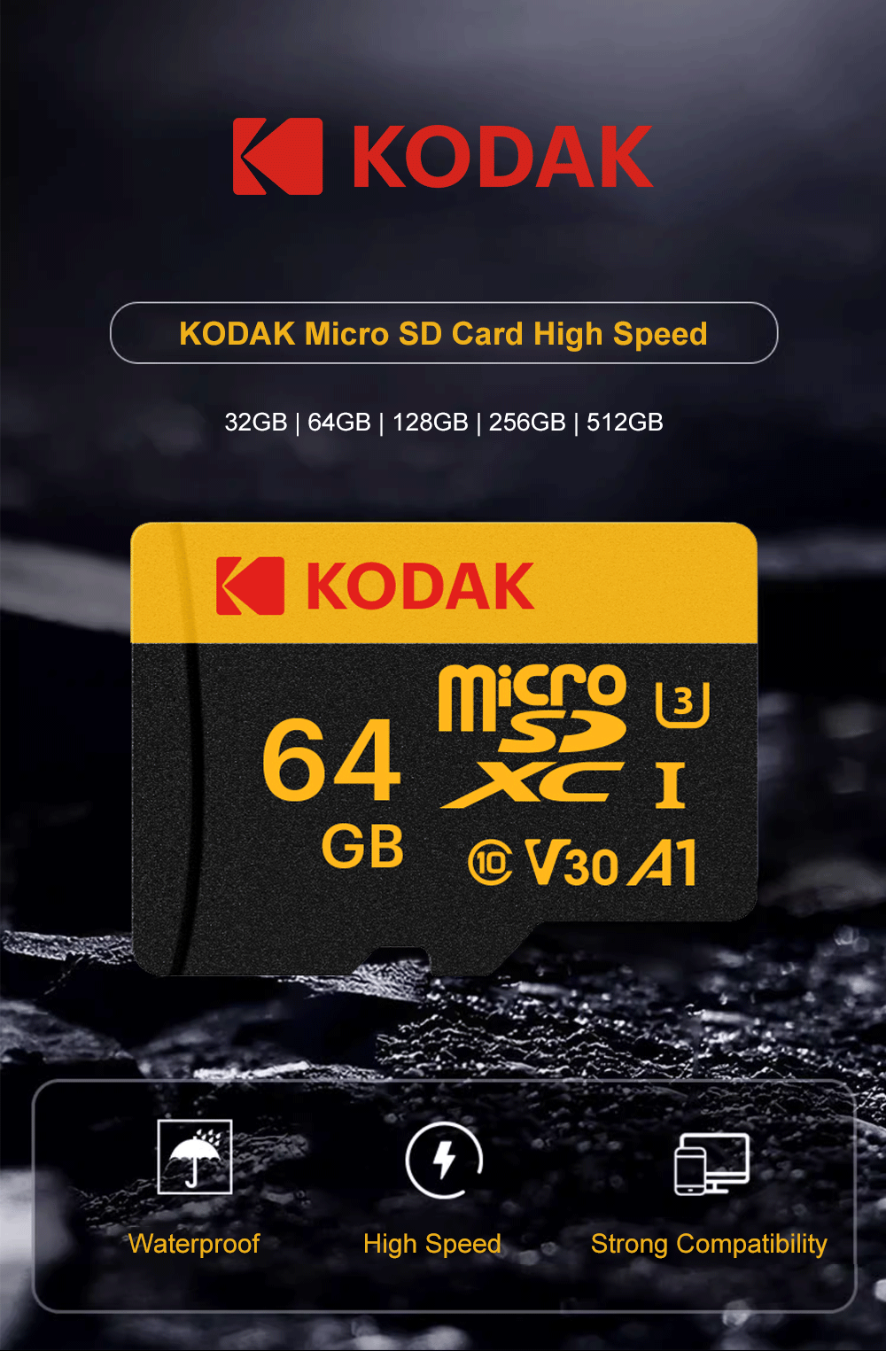 KODAK Micro SD 512GB 256GB Memory Card UP TO 100MB/s C10 U3 32GB 64GB 128GB TF Card 4K HD For USB Card Reader Adapter Microsd