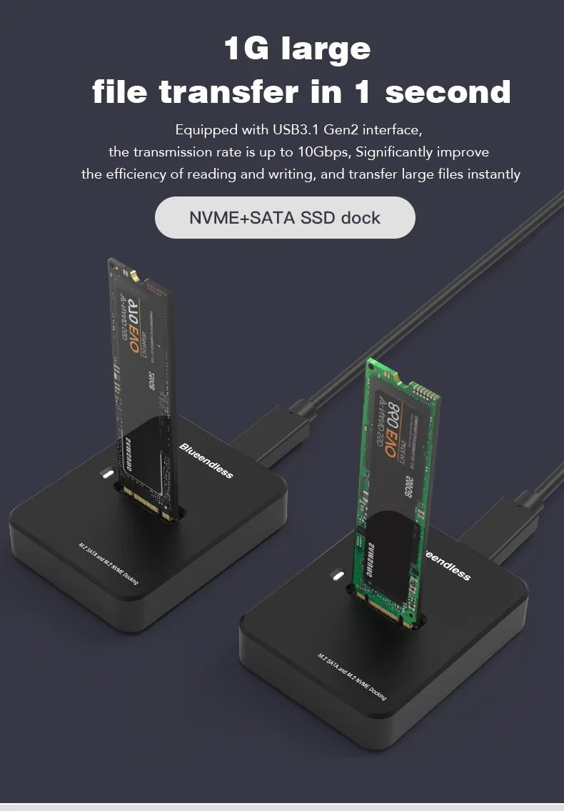 Blueendless External SSD Hard Disk M.2 ssd Enclosure 10G Online Reading Writing Speed SSD Case For M.2 SSD Docking Station