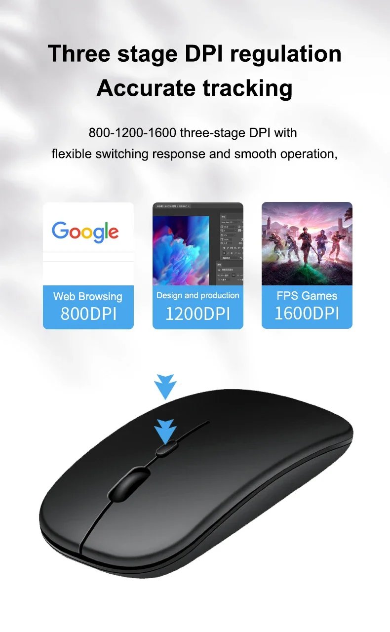 Wireless Mouse Slim Bluetooth-compatible 2.4G Computer Mice Portable Rechargeable/Battery Cordless Mouse for iPad Laptop Desktop