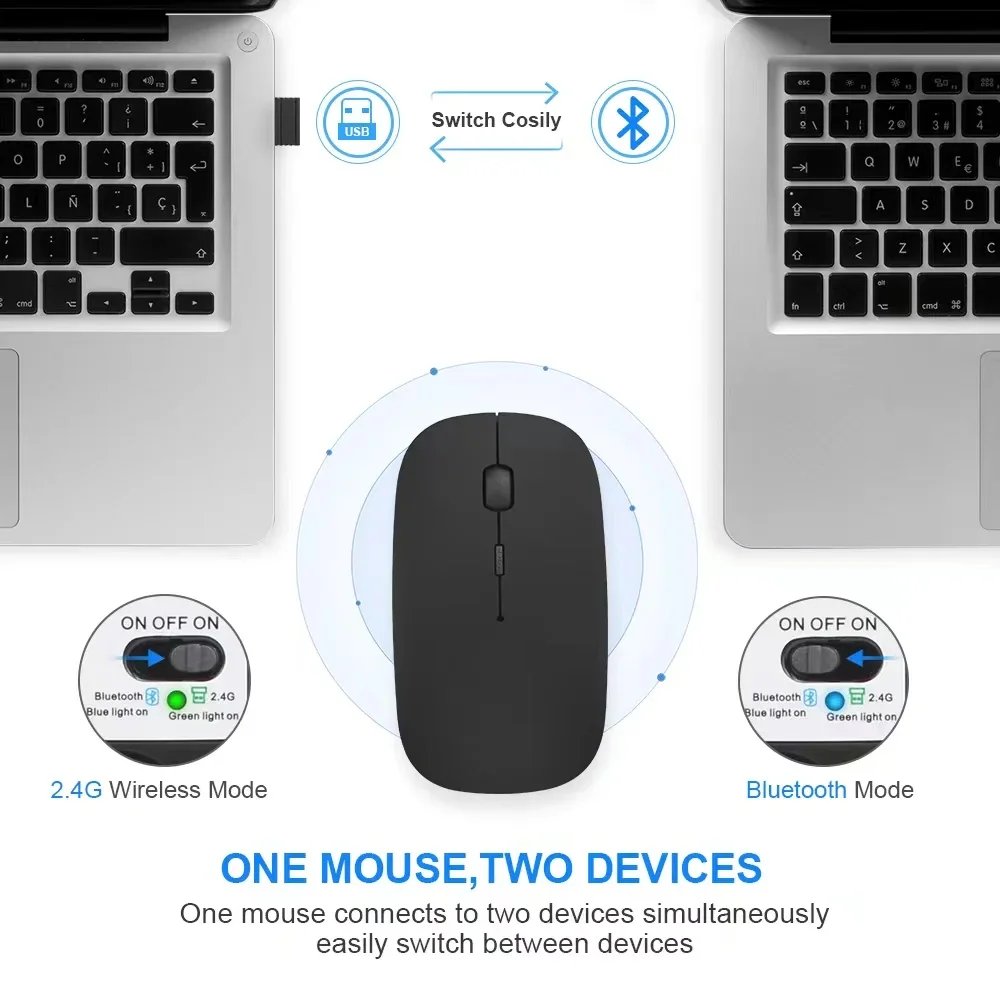 Wireless Mouse Slim Bluetooth-compatible 2.4G Computer Mice Portable Rechargeable/Battery Cordless Mouse for iPad Laptop Desktop