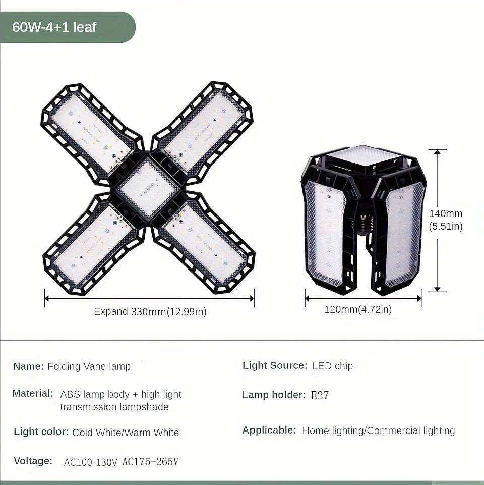 LED Garage Light Bulbs 45W 60W 80W10000LM Super Bright Garage Lighting LED Shop Light With Adjustable Panels, E27 Screw Socket