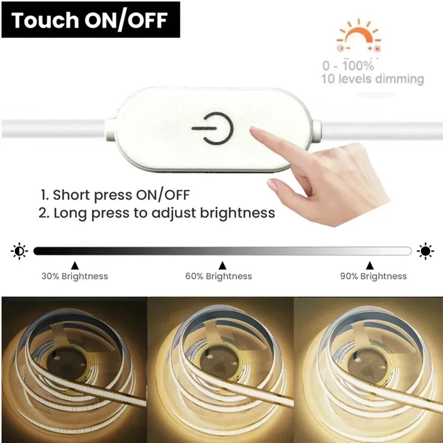 1-5M USB LED Strip Light 5V 320LEDs/M COB Touch Sensor Dimmable Lamp Tape DIY Mirror Backlight TV Kitchen Room Night Lighting