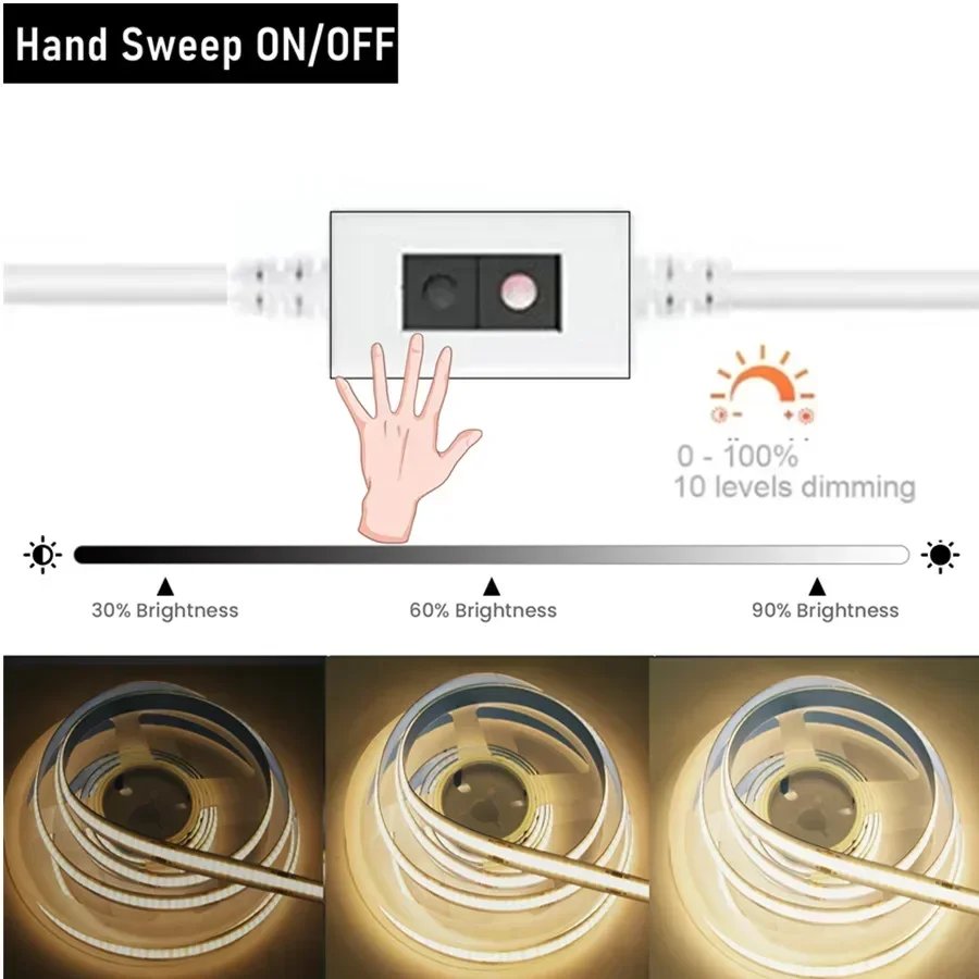 1-5M USB LED Strip Light 5V 320LEDs/M COB Touch Sensor Dimmable Lamp Tape DIY Mirror Backlight TV Kitchen Room Night Lighting