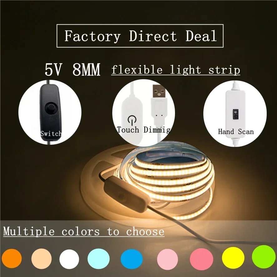 1-5M USB LED Strip Light 5V 320LEDs/M COB Touch Sensor Dimmable Lamp Tape DIY Mirror Backlight TV Kitchen Room Night Lighting