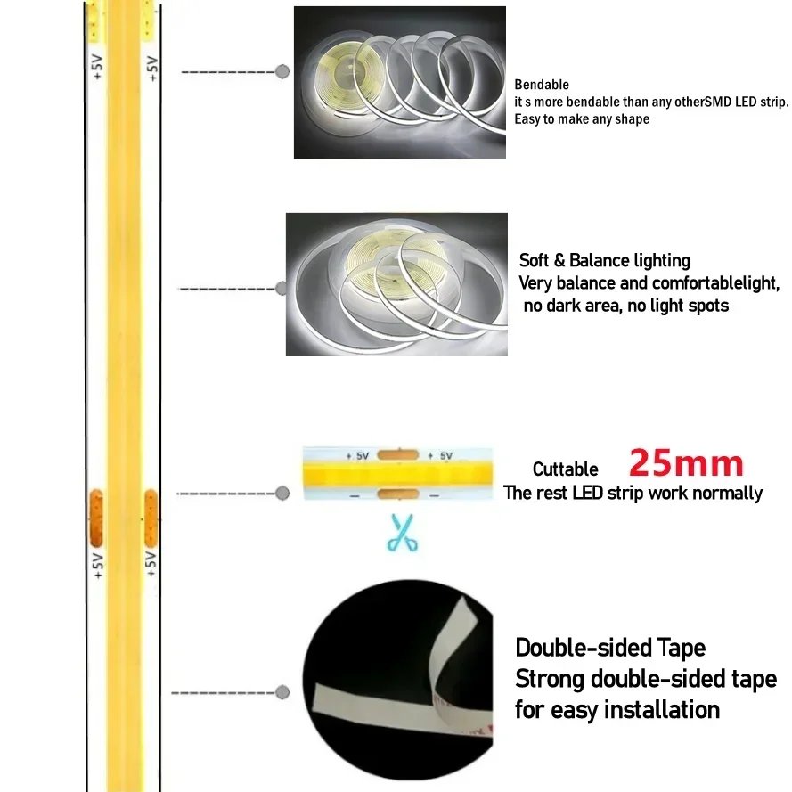 1-5M USB LED Strip Light 5V 320LEDs/M COB Touch Sensor Dimmable Lamp Tape DIY Mirror Backlight TV Kitchen Room Night Lighting