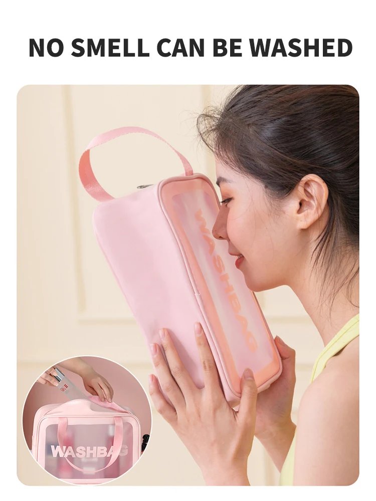 Pu Transparent Three Piece Makeup And Toiletries Bag, Large Capacity Pvc Semi Transparent Frosted Portable Storage Bag