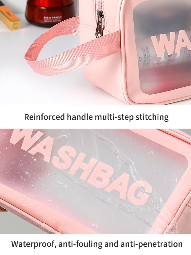 Pu Transparent Three Piece Makeup And Toiletries Bag, Large Capacity Pvc Semi Transparent Frosted Portable Storage Bag