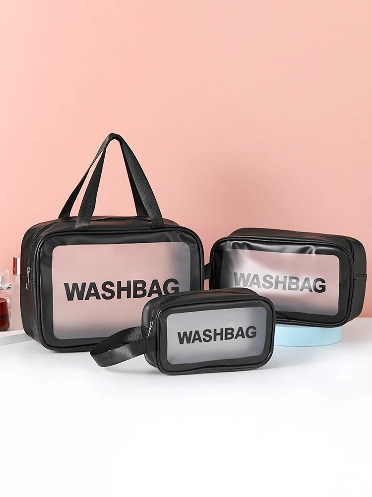 Pu Transparent Three Piece Makeup And Toiletries Bag, Large Capacity Pvc Semi Transparent Frosted Portable Storage Bag