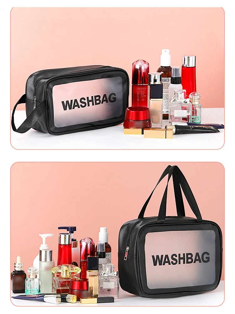 Pu Transparent Three Piece Makeup And Toiletries Bag, Large Capacity Pvc Semi Transparent Frosted Portable Storage Bag