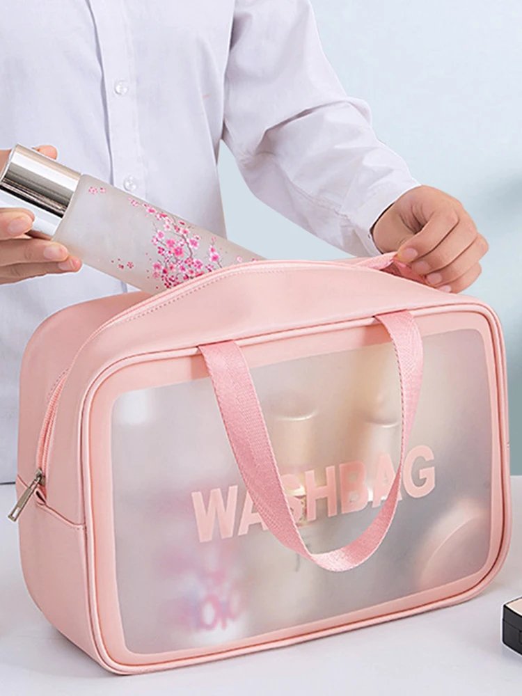 Pu Transparent Three Piece Makeup And Toiletries Bag, Large Capacity Pvc Semi Transparent Frosted Portable Storage Bag