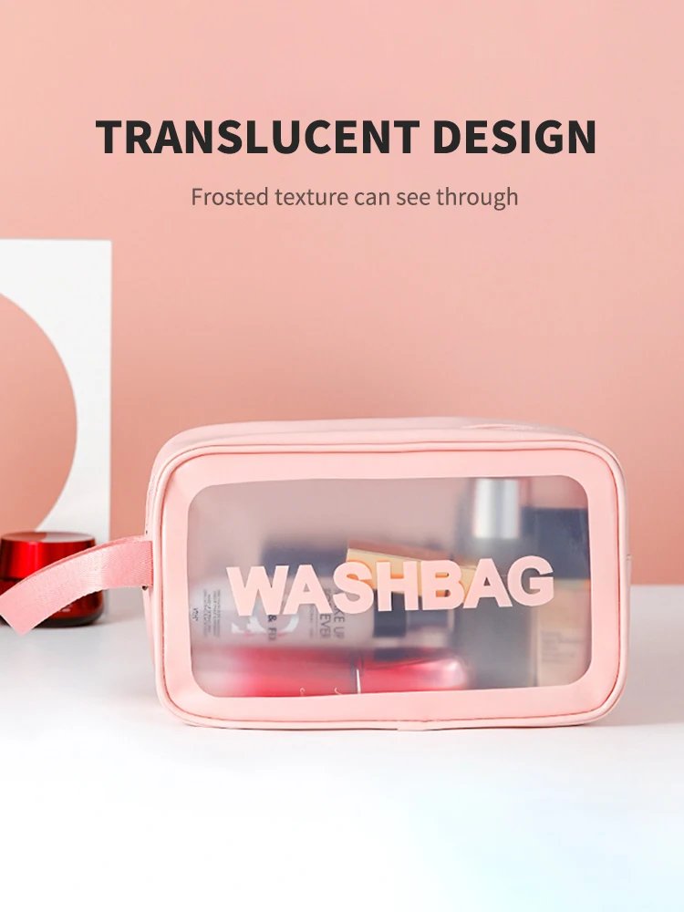 Pu Transparent Three Piece Makeup And Toiletries Bag, Large Capacity Pvc Semi Transparent Frosted Portable Storage Bag