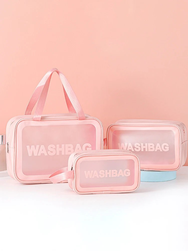 Pu Transparent Three Piece Makeup And Toiletries Bag, Large Capacity Pvc Semi Transparent Frosted Portable Storage Bag