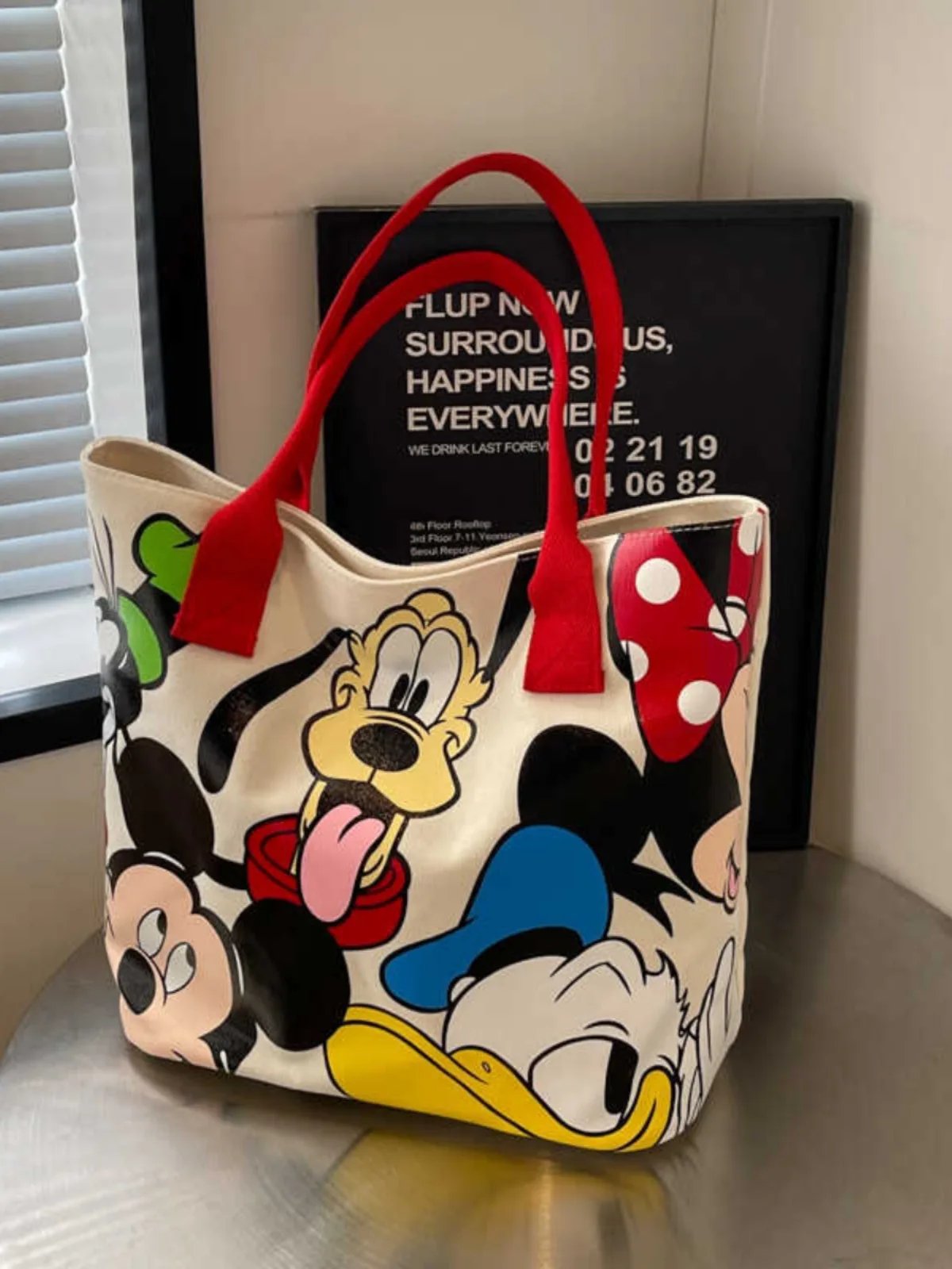 DisneyCartoon Mickey Fashion Versatile LargeCapacity Canvas Shoulder Bag Women's Casual Versatile Tote Bag Student Class Handbag