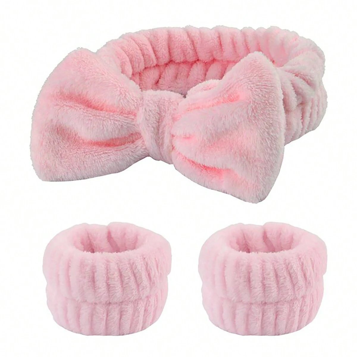 3pcs/set- Headband Wrist Washband Set, 1 Pc Coral Fleece Facial Makeup Headband High Elastic Hair Band And 2 Pcs Wrist Washband