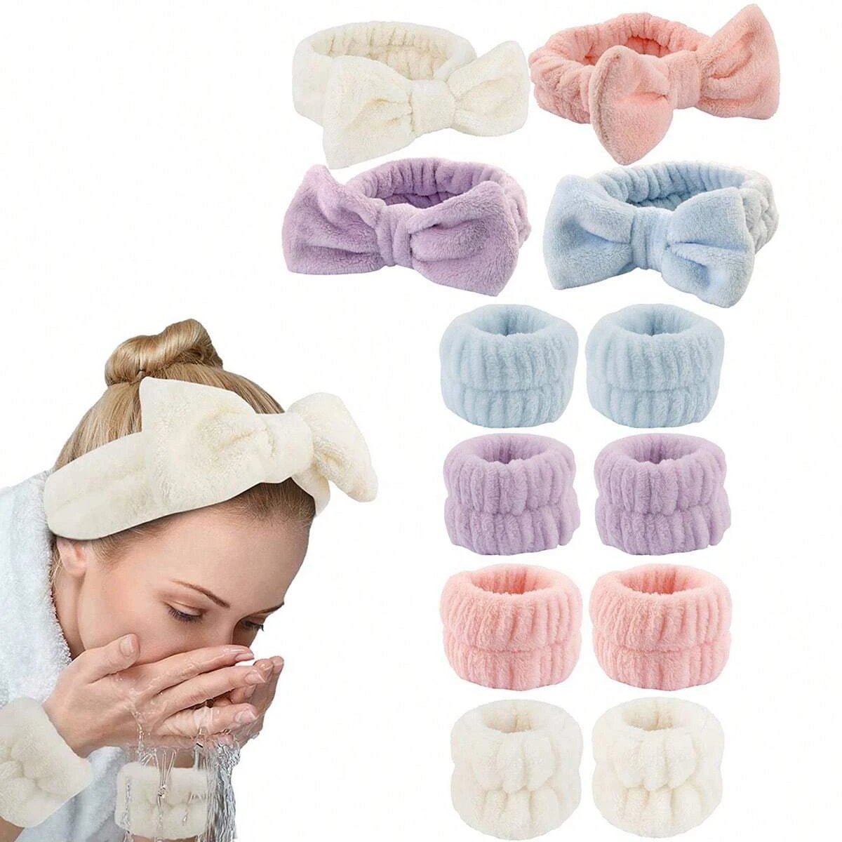 3pcs/set- Headband Wrist Washband Set, 1 Pc Coral Fleece Facial Makeup Headband High Elastic Hair Band And 2 Pcs Wrist Washband