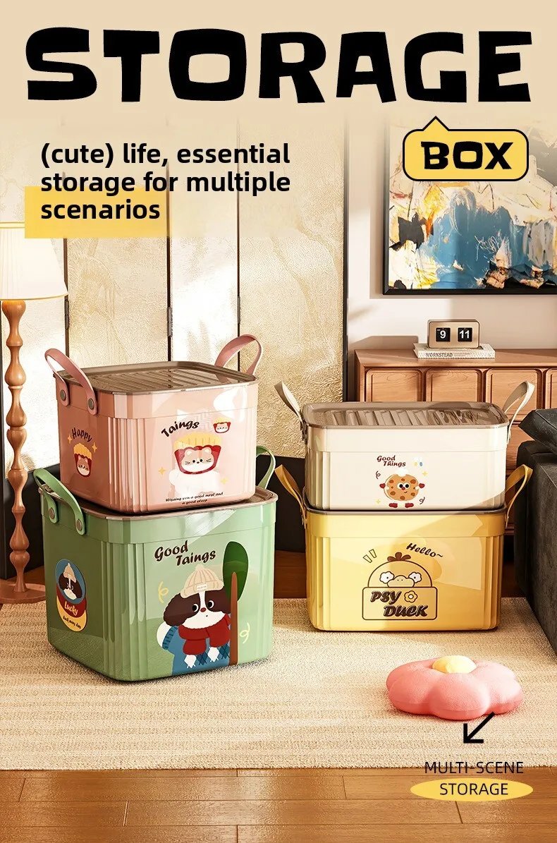 Large Capacity Lid Box Multi Functional Desktop Organizer for Home Office Storage with Cartoon Pattern Design Keepsake Container