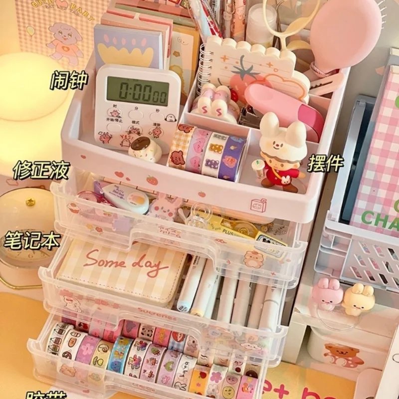 Multi-Purpose Ins Transparent Drawer Storage Box - Pink Cosmetic Makeup Box for Dormitory Kawaii Shelf