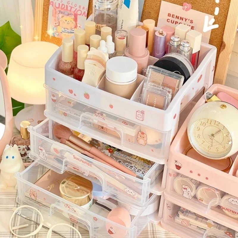 Multi-Purpose Ins Transparent Drawer Storage Box - Pink Cosmetic Makeup Box for Dormitory Kawaii Shelf